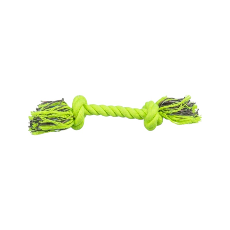 Corde de jeu pour chiens en coton et polyester, de couleur vert fluo. Corde tressée avec deux nœuds solides aux extrémités servant de poignées. Les extrémités sont effilochées, avec des fibres vertes et foncées, idéales pour tirer et rapporter.